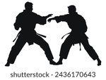 Two men practicing karate silhouette, Two karate men fighters in a match,  
