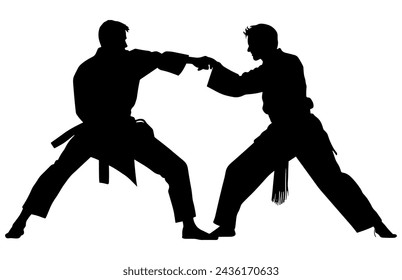 Dos hombres practicando la silueta de karate, dos hombres de karate luchadores en un partido,  
