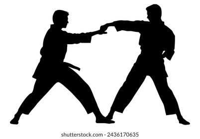 Dos hombres practicando la silueta de karate, dos hombres de karate luchadores en un partido,  
