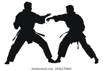 Two men practicing karate silhouette, Two karate men fighters in a match,  
