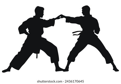 Two men practicing karate silhouette, Two karate men fighters in a match,  
