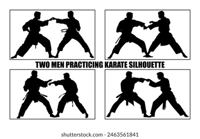 Dos hombres practicando la silueta de karate, dos hombres de karate luchadores en un partido, 