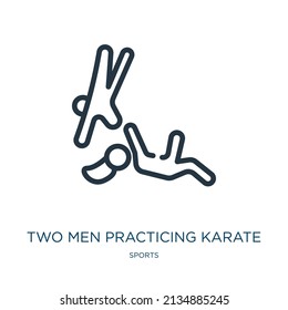 two men practicing karate thin line icon. karate, people linear icons from sports concept isolated outline sign. Vector illustration symbol element for web design and apps.