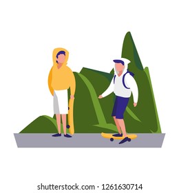 two men practicing skateboarding in the landscape