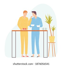 Dos hombres preparando el desayuno. Pareja gay. Ilustración del vector en estilo plano dibujado a mano
