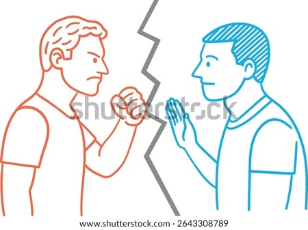 Two men in profile, facing each other. One shows his fist, the other holds out an open palm in a gesture of reconciliation. An illustration of the conflict and attempts at a peaceful settlement.
