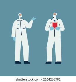 Dos hombres con traje de protección. Concepto de enfermedad epidémica. Ilustración vectorial plana de trabajadores médicos