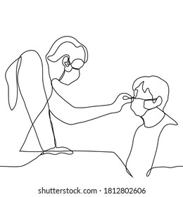 two men in protective masks, one adjusting the mask to the other. one continuous line drawing of a man taking care of his friend by adjusting the mask on his face.