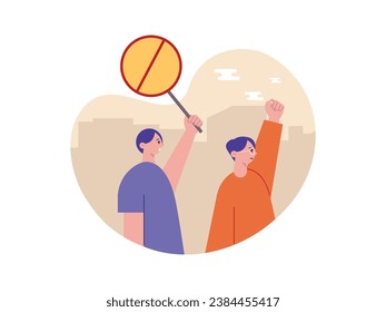 Two men in purple and orange are demonstrating on a street, protesting in a country during political season. Character design. Vector flat illustration