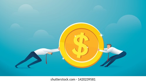 two men push the big gold coin to success vector illustration eps10