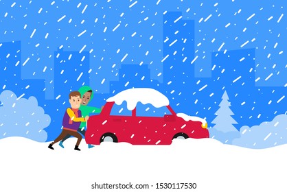 Two men push a car stuck in snow during a winter storm.