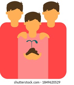 Two men put their hands on the shoulders of the third man who is holding a sprout in his hands