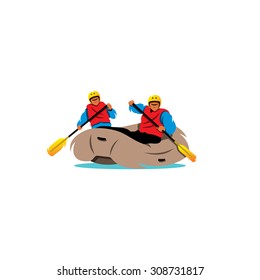 Two men Rafting. Adventure on the River sign. Inflatable boat with people. Challenge yourself. Vector Illustration. Branding Identity Corporate logo design template Isolated on a white background