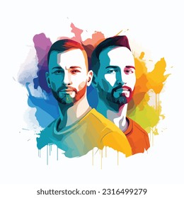 Two men in rainbow colors, flat vector illustration 