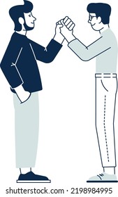 Two men raising handshake. Partnership symbol. Friendship sign
