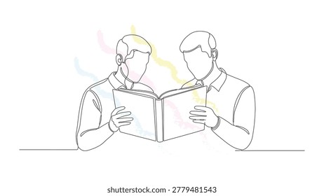 Two men reading, sharing knowledge, learning, education, intellectual pursuit, focus, information, study, concentration.