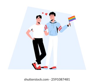 Two Men In A Relationship Holding A Pride Flag In Flat Vector Illustration Symbolizing LGBTQ Plus Love, Equality, And Pride, Isolated On White Background