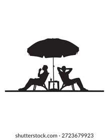 Dos hombres relajándose bajo una Grande sombrilla de playa en tumbonas, Ilustración vectorial de silueta.