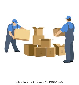 Two men in the relocation service make up the boxes. Worker in uniform. Vector illustration isolated on white background