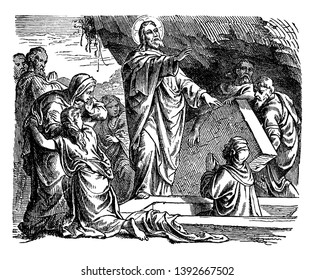 Two men remove the coffin lid and man rising from coffin and his hands clasped in prayer, Jesus standing over open coffin and raising his right hand over resurrected man, people around them, vintage