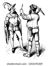 Two men in Renaissance clothing talking to each other, vintage line drawing or engraving illustration