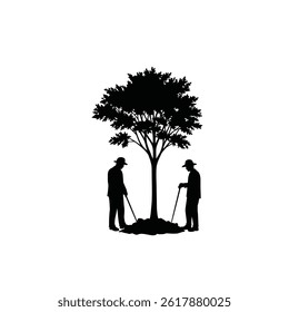 Zwei Männer ruhen unter Baum Silhouette Vektorgrafik Schwarz und Weiß