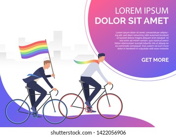 Two men riding bicycle and holding with rainbow flag. Male gay couple riding bikes. Homosexuality concept. Vector illustration can be used for presentation slides, landing pages, posters