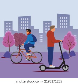 Dos hombres montando una bicicleta y una motocicleta con el panorama de la ciudad al fondo