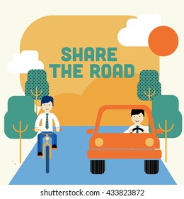 Two men riding a bike and driving a car. Share the road. Transit laws. Traffic rules.