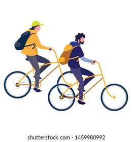 two men riding bike on white background