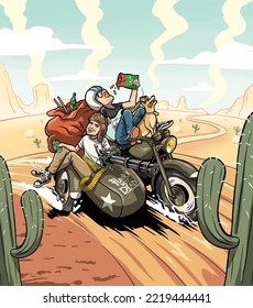 Two Men Riding Motorbikes In Sidecars Equipped With Guns While Playing Happy Music And Singing Across Arid Streets In The Desert. Can Be Used For Poster Prints, Design T-shirts, Band Merchandise