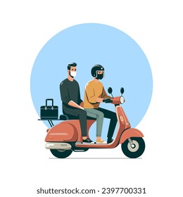 Two men riding a motorcycle scooter flat design vector illustration.
