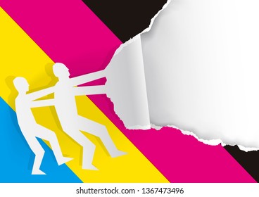Two Men ripped paper background with CMYK print colors. 
Paper man silhouettes ripping paper with cmyk print colors. Concept for presenting color printing. Place for your text or image. Vector availab