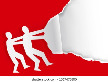 Two Men ripping red paper background. 
Illustration of Paper silhouette of two men ripping red paper background with place for your text or image. Vector available.