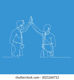 two men rising hand and toss a high five in one line vector illustration