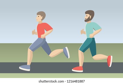 two men run in the park. healthy lifestyle. jogging. vector art