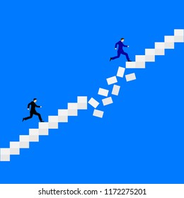 Two men running after each other on the crumbling stairs. Flat design vector Illustration.