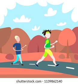 two men running cross autumn landscape background male sport activity cartoon character full length flat vector illustration