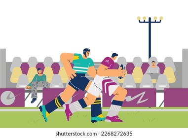 Two men running on the field during rugby game, flat vector illustration. Rugby players fighting for the ball. People playing team sport. Concept of American football.