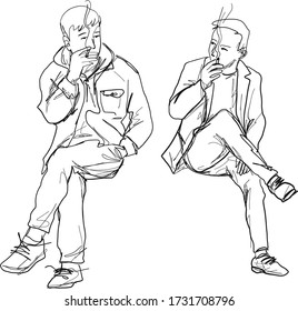 Two men sat and talked while smoking and sat with their legs crossed.