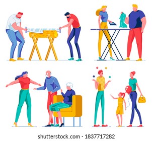 Two Men Sawing Firewood, Woman Ironing Tshirt For Husband On Board Flat Cartoon Vector Illustration. Girl Coming To Visit Old Pcarents Or Grandparents. Mother With Daughter Watching Juggling Clown.
