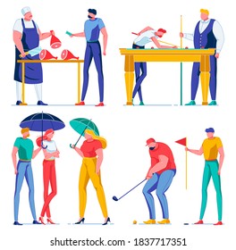 Two Men Sawing Firewood, Woman Ironing Tshirt For Husband On Board Flat Cartoon Vector Illustration. Girl Coming To Visit Old Pcarents Or Grandparents. Mother With Daughter Watching Juggling Clown.
