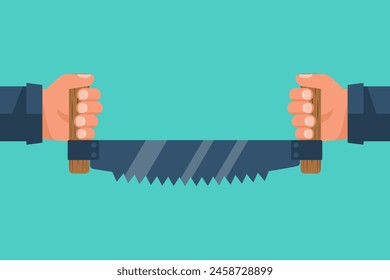 Two men sawing wood. Carpenters with saw in his hand. Vector illustration flat design. Carpentry work. Wood sectional. Cross section of tree. Lumberjack, cabinetmaker, woodworker. Lumberjack working.