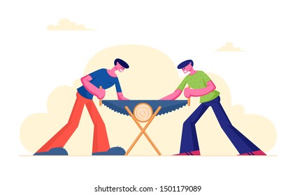 Two Men Sawing Wood Log. Carpenters with Saw in Hands Doing Carpentry Work Cooperation, Cross Section of Tree. Lumberjacks Cut Timberwood, Woodcutter Occupation. Cartoon Flat Vector Illustration