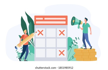 Two men and schedule for publications in social media. Coin, blogger, pencil flat vector illustration. Management and planning concept for banner, website design or landing web page