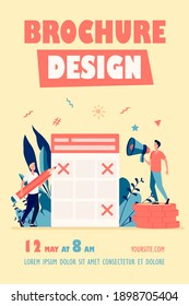 Two men and schedule for publications in social media. Coin, blogger, pencil flat vector illustration. Management and planning concept for banner, website design or landing web page