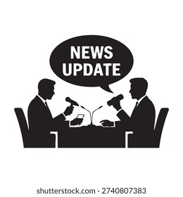 Two men seated at a table with microphones and a news update speech bubble between them.