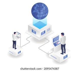 Two men set up a server for the world in isometric illustration