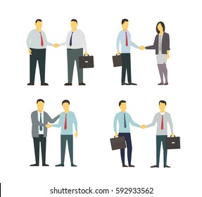 Two men shake each other hands. Business style. Flat graphics for your design. Modern business man set.