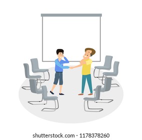 Two Men shake Handes with Business Background. Simple Style Cartoon Illustration. Vector